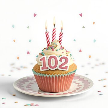 Elegant 102nd birthday cupcake with three candles, vanilla frosting, colorful sprinkles on decorative patterned plate.