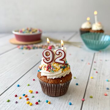 Cupcake with "92" red number candles, white frosting, rainbow sprinkles on white wooden surface backdrop.