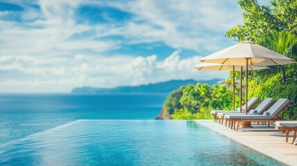 Fototapeta premium island getaway featuring an infinity pool blending into the ocean horizon, luxury sunbeds under umbrellas, and a picturesque coastline with lush greenery