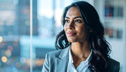 Naklejka na ściany i meble A woman gazes thoughtfully out a window at a city skyline