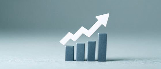 Business growth concept with 3D bar chart and rising arrow, symbolizing financial success, increasing profit, economic development and positive progress