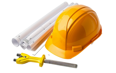 Hard Hat and Drafting Materials on white background