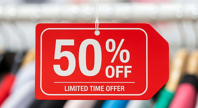 50 percent, discount, sale, retail, shopping, price reduction, limited time offer, red sign
