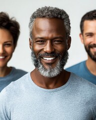 Portrait of a confident man smiling with friends, showcasing diversity and joy in a casual atmosphere, bright natural light