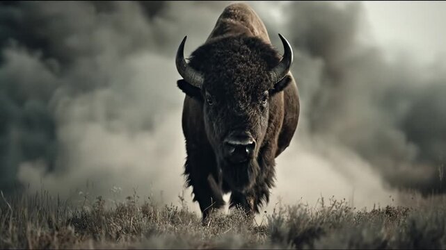A large, shaggy bison strides towards the viewer. Dust or smoke surrounds it, with dry grass in front