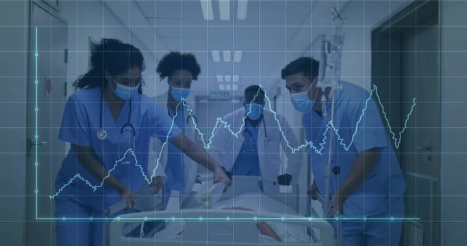 Doctor pointing forward initiating rush of ER team wheeling gurney while ECG waveform fluctuating