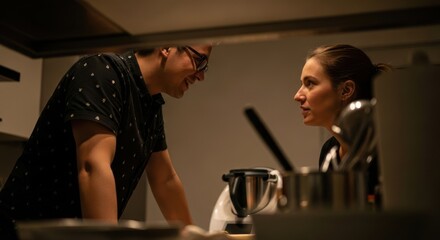 Two chefs intensely discussing a culinary creation in a kitchen