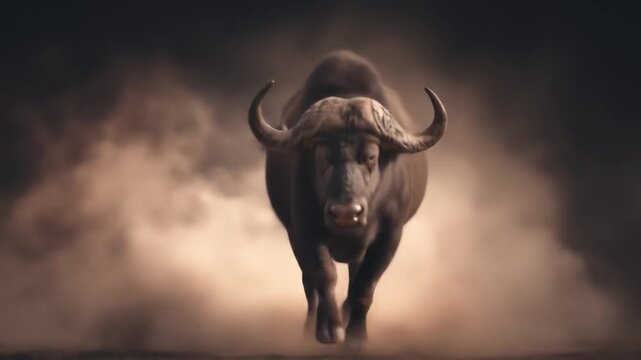 A powerful beast charges forward, kicking up a dust cloud in a dramatic wildlife scene