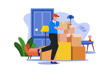 Courier Man Carrying Cardboard Box Stack Transparent Background Home Interior Furniture Vector Illustration Delivery Service Concept