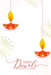 happy diwali greeting white template with hanging diya