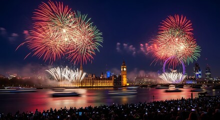 Obraz premium Colorful fireworks display over river