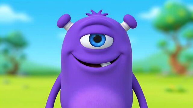 Cute purple cyclops monster cartoon character smiling in a playful outdoor setting, friendly and cheerful design
