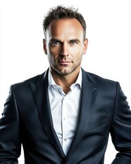 Confident Male Executive in Suit with Intense Expression Against White Background