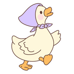 A charming cartoon duckling in a purple bonnet walking happily. Whimsical and cute avian character illustration for a baby shower or nursery decor