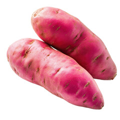 Two vibrant pink sweet potatoes on black background healthy food root vegetable isolated on a white background