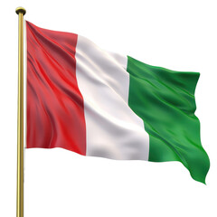 Italian flag waving on a flagpole against a black background isolated on a white background