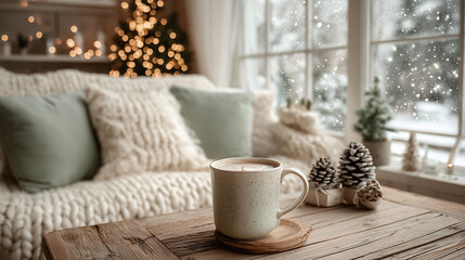 Minimalist Scandinavian living room: white sofa, Christmas tree, snow outside