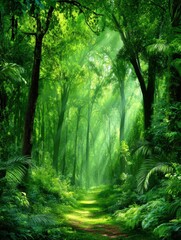 Fototapeta premium Lush green trees and foliage create a dense canopy as sunbeams filter through a vibrant tropical forest illuminating a pathway below.