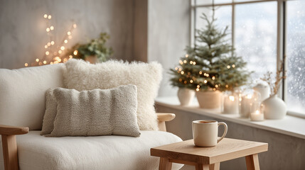 Minimalist Scandinavian living room: white sofa, Christmas tree, snow outside