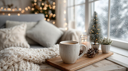 Minimalist Scandinavian living room: white sofa, Christmas tree, snow outside