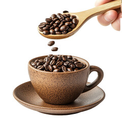 Fototapeta premium Coffee beans falling into a brown cup from a wooden spoon isolated on a white background