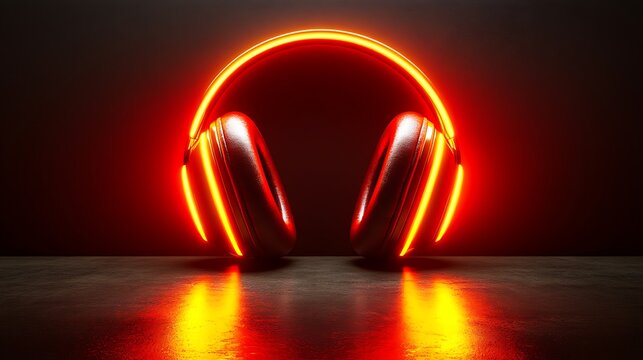 Glowing red neon headphones on dark background with futuristic music concept.