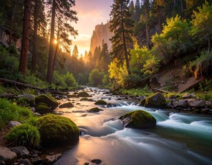 Serene Mountain Stream at Dawn's Golden Hour