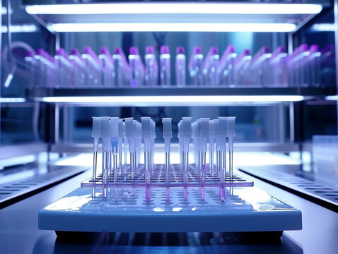 Close-up view of a science laboratory with test tubes and pipette tips during scientific research
