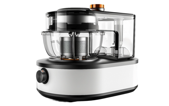 High-Tech Food Processor with Multiple Blades on white background