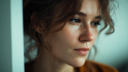 Captivating portrait of a thoughtful woman indoor setting close-up