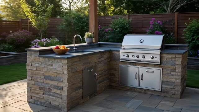 Outdoor kitchen with stone counter, stainless grill, sink, flowers, and lush greenery