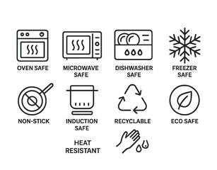Kitchen safety symbols: oven, microwave, dishwasher, freezer, induction, recyclable, eco