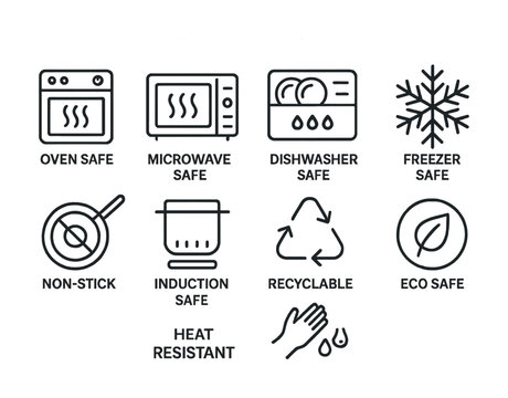 Kitchen safety symbols: oven, microwave, dishwasher, freezer, induction, recyclable, eco