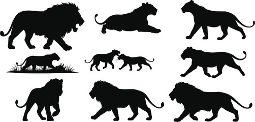 Lion silhouettes, wild animal poses, African wildlife art, majestic lions walking, lioness and cubs, nature illustration, safari design elements