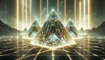 Mystical crystal pyramids stand on a grid in a futuristic landscape scene