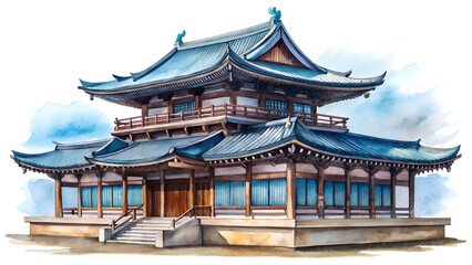 Obraz premium Traditional japanese temple with intricate blue roof and wooden architecture, set against a soft watercolor sky, isolated on transparent background