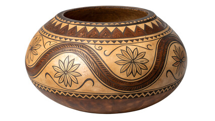 Fulani hand carved calabash gourd milk container decorated with intricate pyrography patterns

