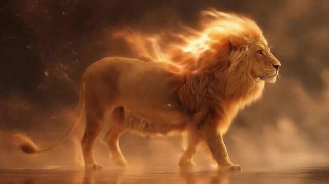 An ethereal lion walks with glowing mane and fiery ambiance, a symbol of majestic power