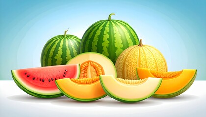 A Feast of Melons. An illustration showcasing different types of melons. The composition includes large slices of juicy watermelon, cantaloupe, and honeydew melon, arranged on a simple surface.
