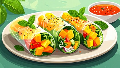 Fresh Fruit Spring Rolls. An illustration of three beautiful raw vegan spring rolls (summer rolls) where the wrapper is a thin slice of cucumber or rice paper.
