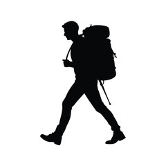 Silhouette of a man hiking with a backpack in a minimalist style, camper hiking with backpack silhouette vector illustration