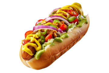 Colombia Perro Caliente Hot Dog Colombiano topped with mustard, red onions, jalapenos, chili, tomatoes, isolated on white transparent background, concept of fast food and street cuisine