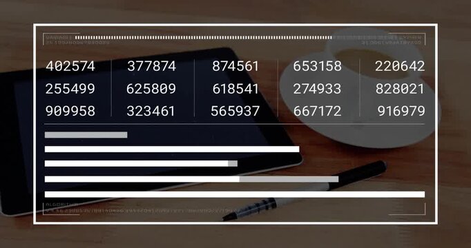 Frame appearing over tabletop initiating overlay showing refreshing numeric grid and loading bars