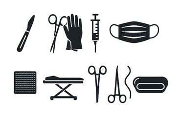 Obraz premium Medical instruments set: scalpel, scissors, gloves, syringe, mask, gauze, stretcher, forceps, tape