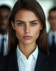 Confident Young Businesswoman in Professional Attire with Colleagues in the Background in Modern Office Setting