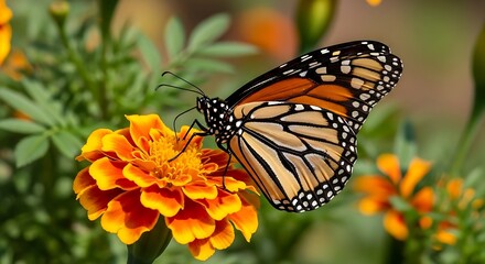 Fototapeta premium Monarch Butterfly on Marigold Flower.