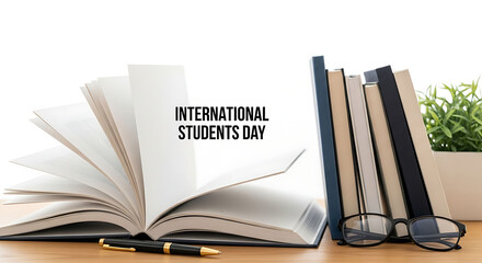 open book, open book with text "International Students Day", stack of books, plant, table, office supplies
