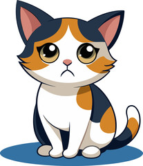 A cute, cartoon calico kitten with large, expressive eyes sits patiently, casting a soft shadow on a white background.
