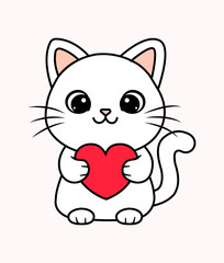 Vector art of cute white cat holding a red heart