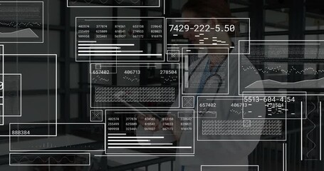 Female doctor tapping tablet in hallway, producing floating AR panels updating charts and codes - Powered by Adobe